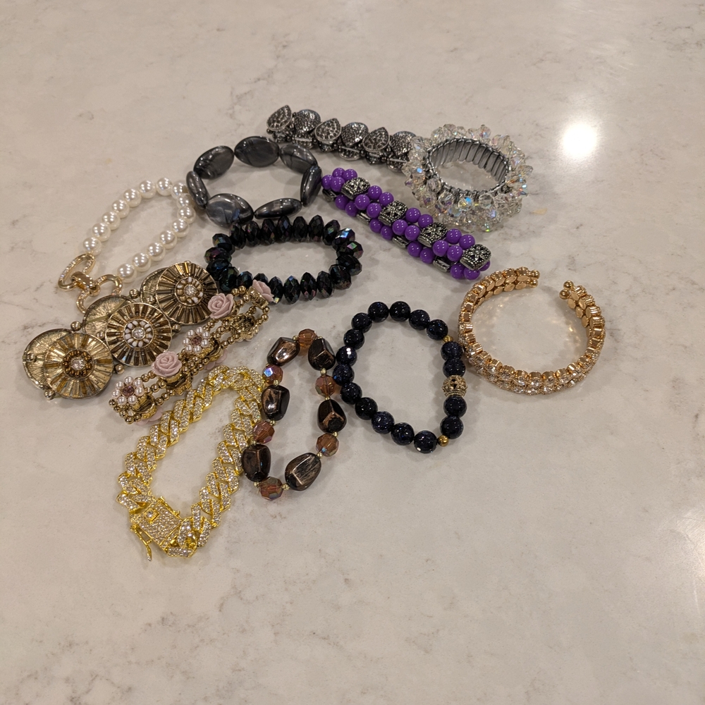 Chic Women's Bracelet Collection - Gold, Silver, Black, Purple Set Of 12